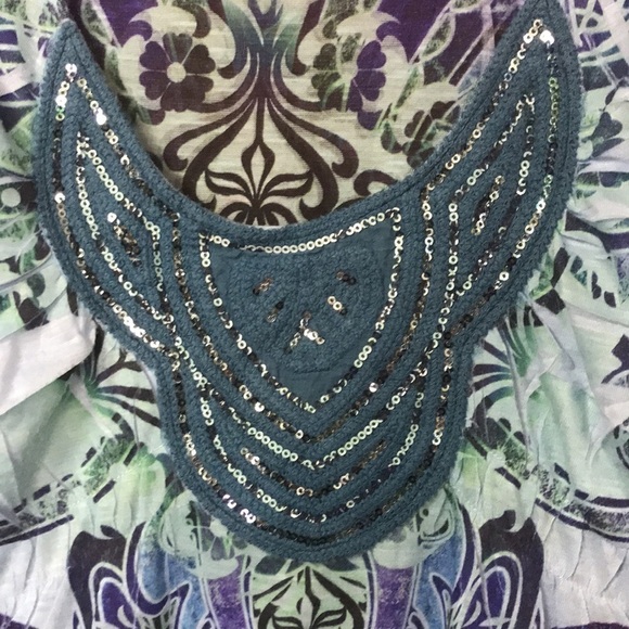 One World Women’s Tunic Top Purple/Green Embroidered V Neck with Sequins Size S - Picture 2 of 11